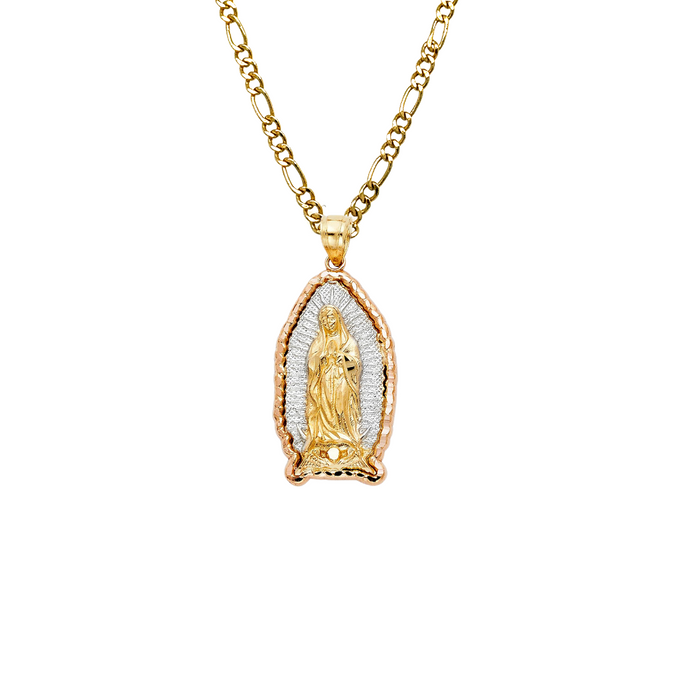 14k Virgin Mary Pendant White Gold Radiant Background and Solid Chain - LE-PT384