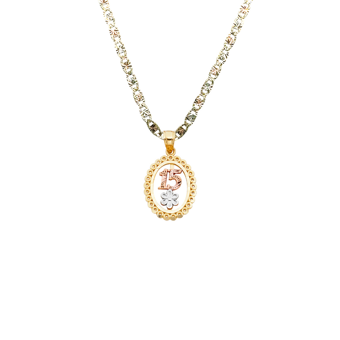 14k Gold Tri Tone 15 Años Quinceañera Oval Pendant with Solid Chain - LE-1904