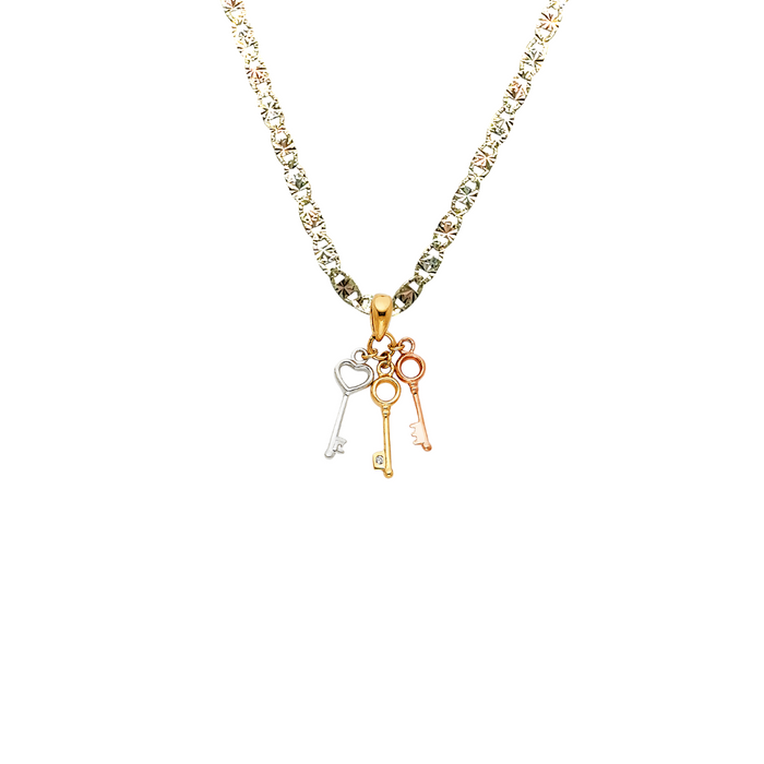 14k TriColor Gold Heart Keys Pendant with Solid Chain - LE-0466