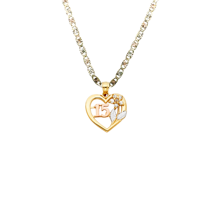 14k Gold Three Tone 15 Quinceañera Heart Flower Pendant with Solid Chain - LE-1875