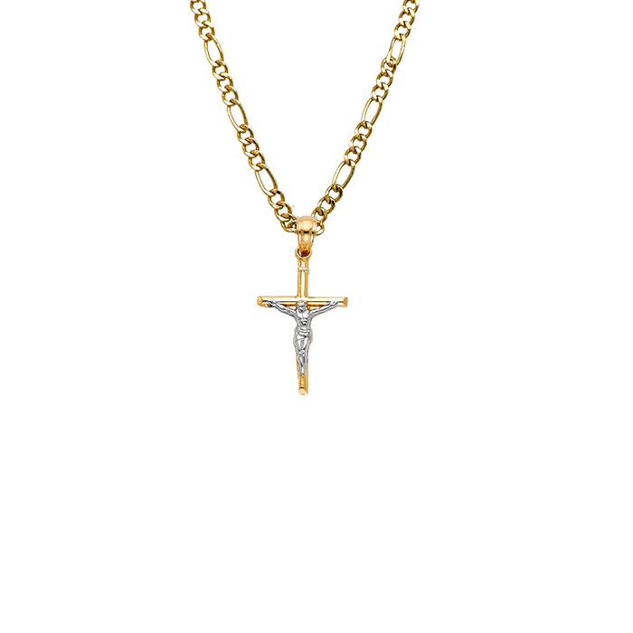 14k Gold Small Two Tone Jesus Cross Pendant with Solid Chain - LE-0047