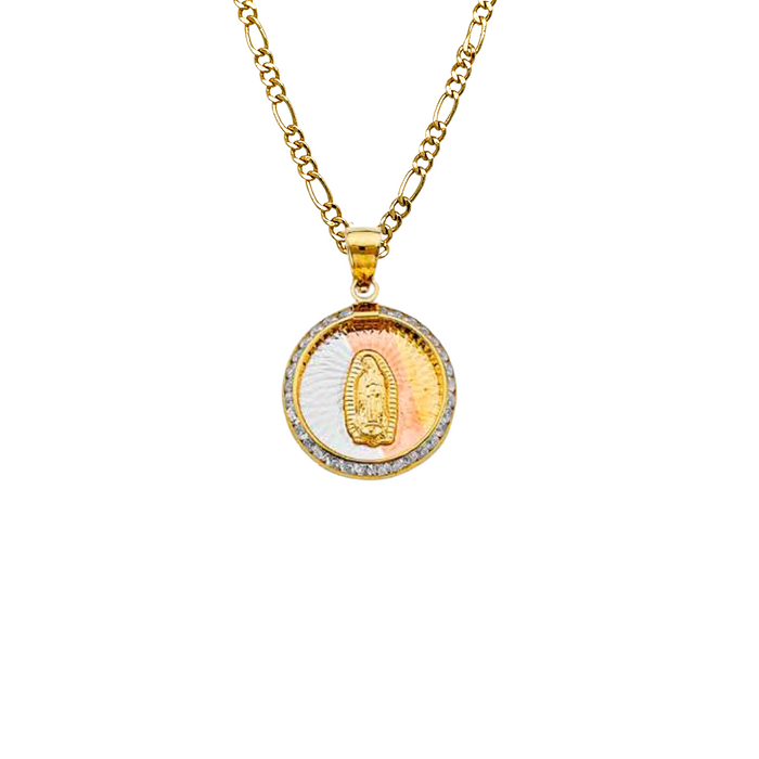 14k Virgin Mary Gold Pendant Round Gemstones with Solid Chain - LE-2303