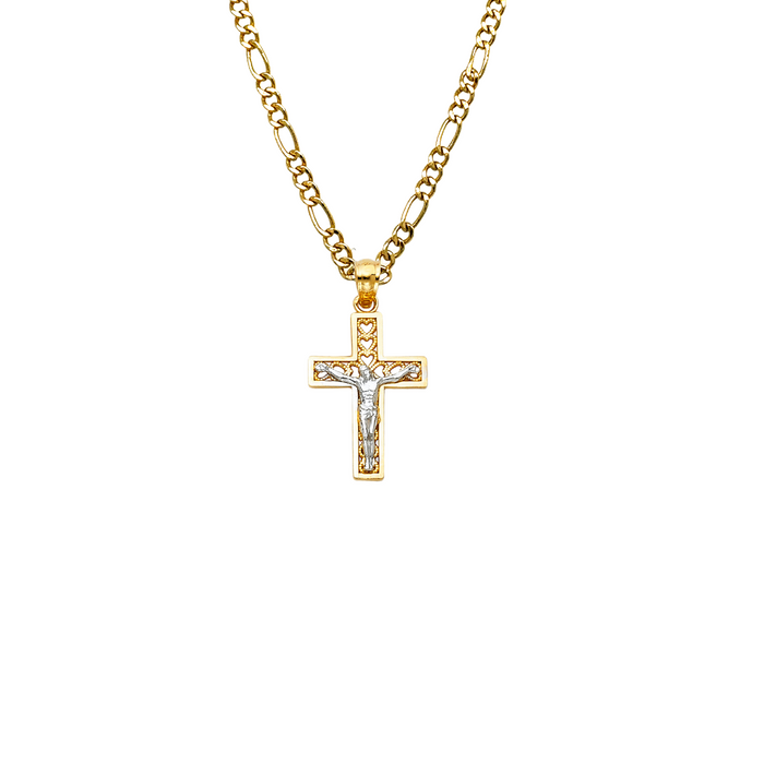 14k Gold Two Tone Heart Design Jesus Cross Pendant with Solid Chain - LE-0078