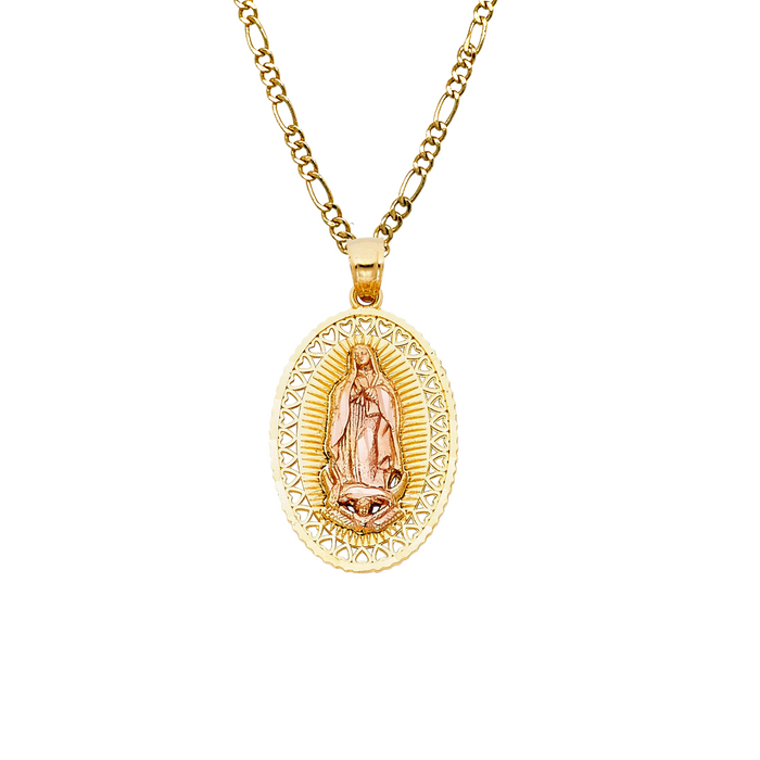 14k Virgin Mary Heart Bezel Pendant with Solid Chain - LE-PT1105