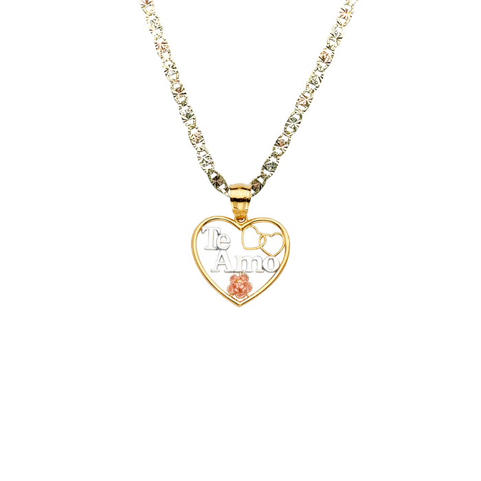 14k Te Amo Tri-Tone Gold Heart Pendant with Solid Chain - LE-2378