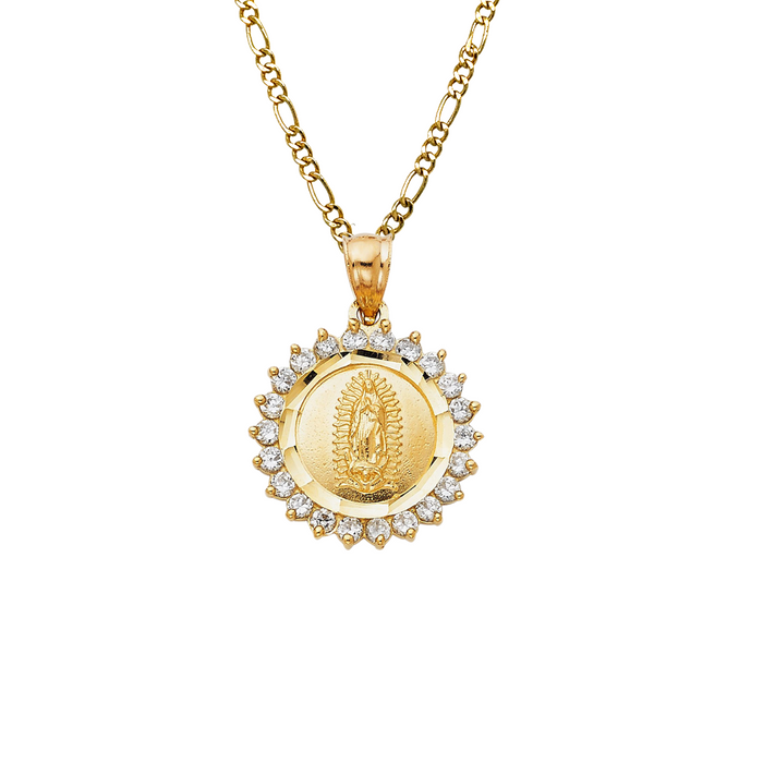 14k Virgin Mary Round Pendant with White Gemstone Bezel and Solid Chain