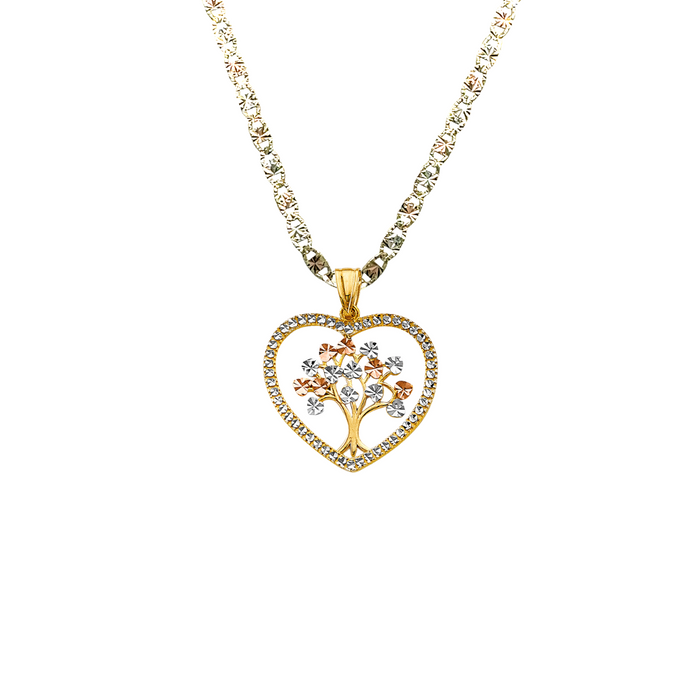 14k Gold Tri Tone Diamond Cut Tree of Life Pendant with Solid Chain - LE-2703