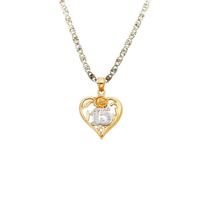 14k Gold Two Tone 15 Años Quinceañera Heart Pendant with Solid Chain - LE-1873