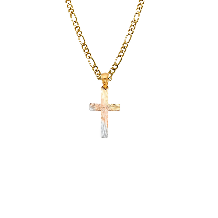 14k Gold Tri Tone Cross Radial Diamond Cut Pendant with Solid Chain - LE-1421