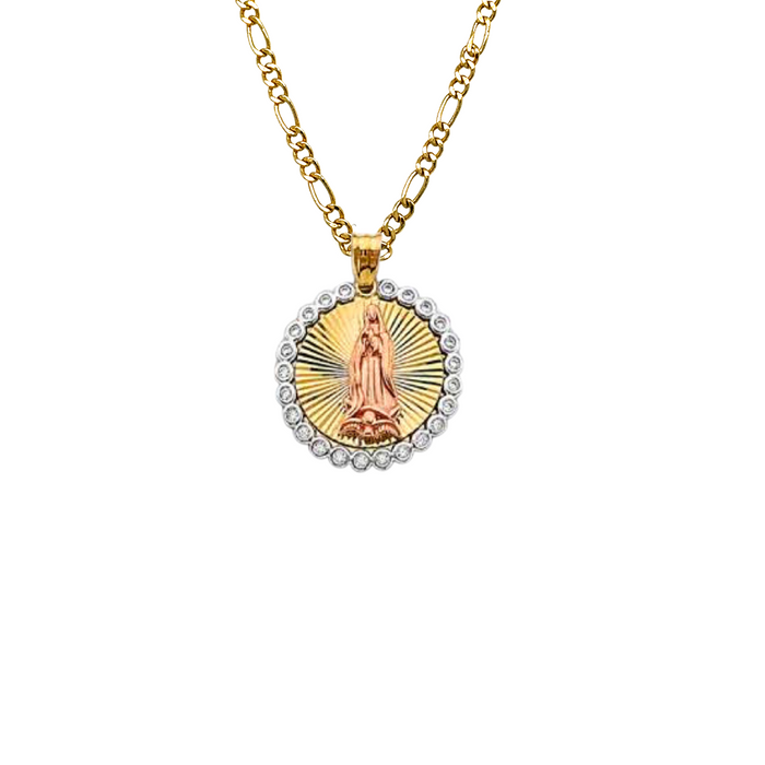 14k Virgin Mary Round Gemstone Pendant with Solid Chain - LE-2892