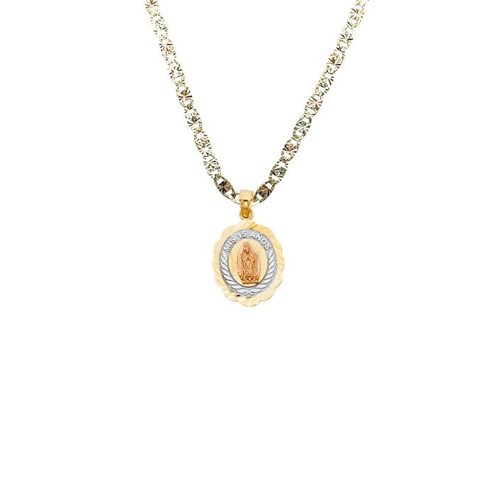 14k Gold Tri Tone Virgin Mary Mis 15 Años Quinceañera Oval Pendant with Solid Chain - LE-1898