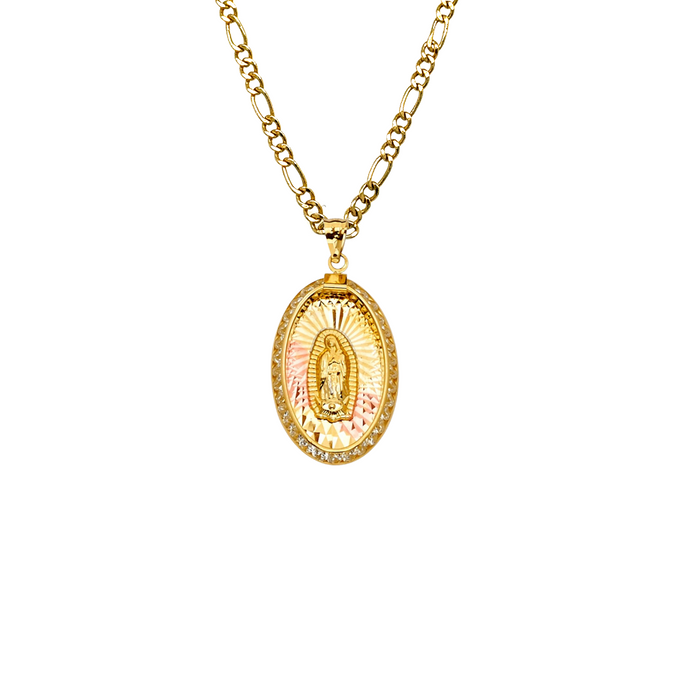 14k Virgin Mary Gold Pendant Oval Gemstones with Solid Chain - LE-2305