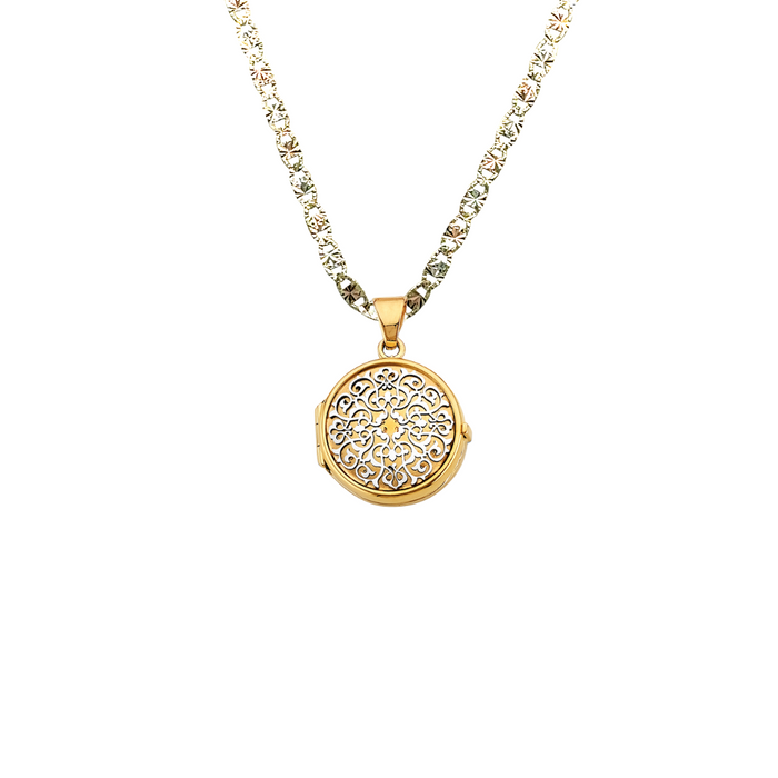 14k Gold Two Tone Picture Round Locket Pendant with Solid Chain - LE-2581