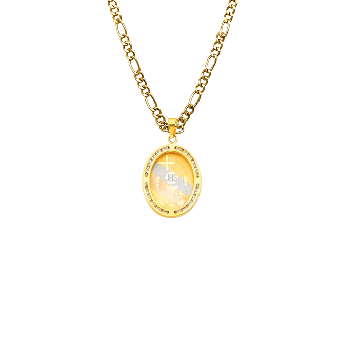 14k First Communion Tri-Tone Gold Pendant and Solid Chain - LE-186