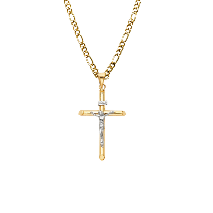 14k Gold Two Tone Jesus Cross Pendant with Solid Chain - LE-0004