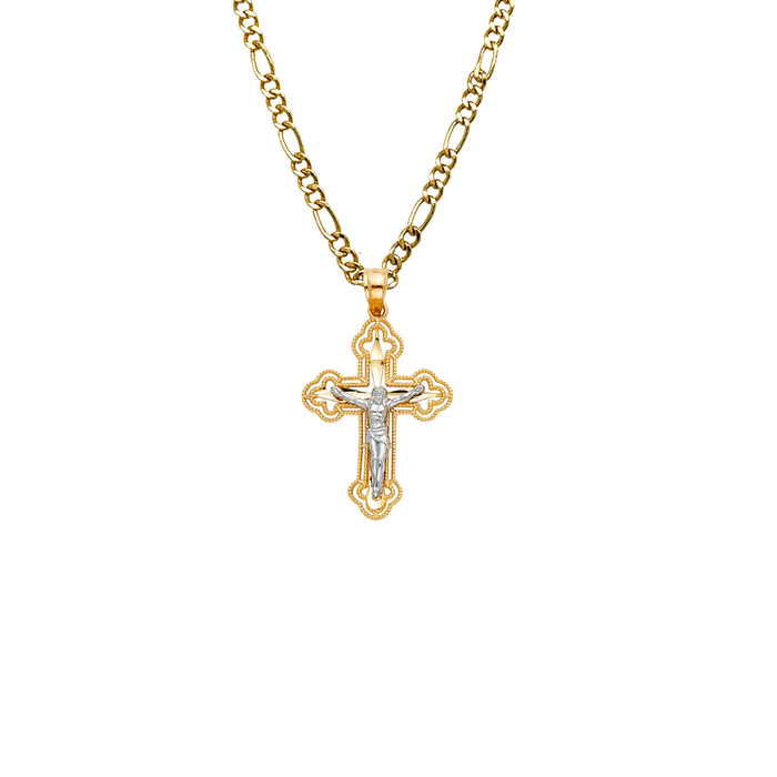 14k Gold Two Tone Beaded Edge Jesus Cross Pendant with Solid Chain - LE-0063