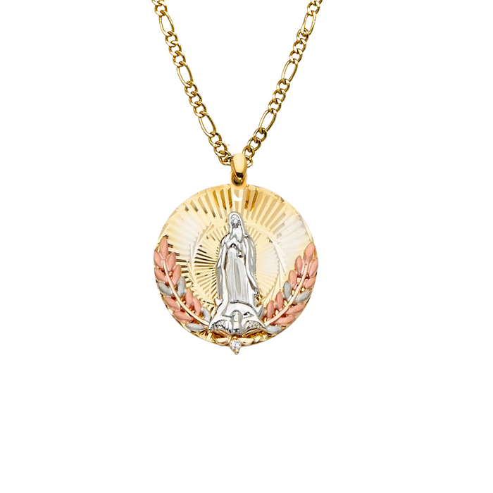 14k Virgin Mary TriColor Round Pendant with Solid Figaro Chain - LE-2287