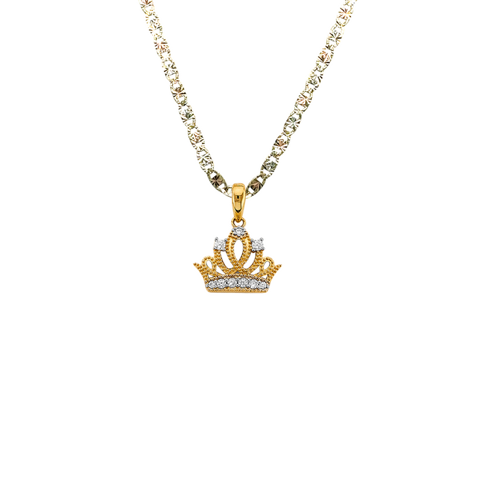 14k Gold 15 Años Quinceañera Gemstone Crown Pendant with Solid Chain - LE-2984