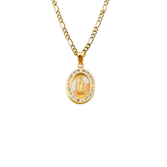 14k Virgin Mary Gold Pendant Oval Gemstones with Solid Chain - LE-191