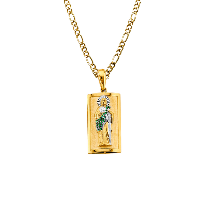 14k San Judas Gold Pendant with Green Gemstone Tunic and Solid Chain - LE-3073