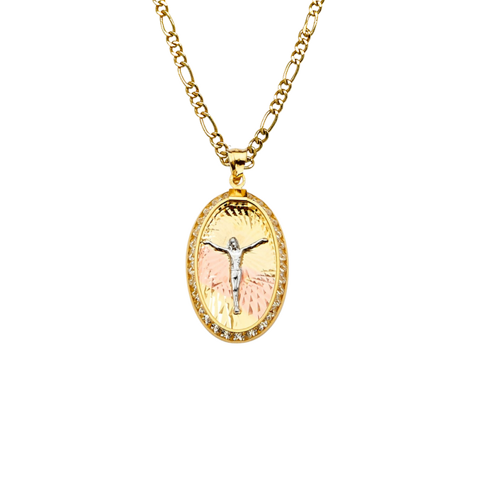 14k Jesus Christ Oval Gemstone Gold Pendant with Solid Chain - LE-2254