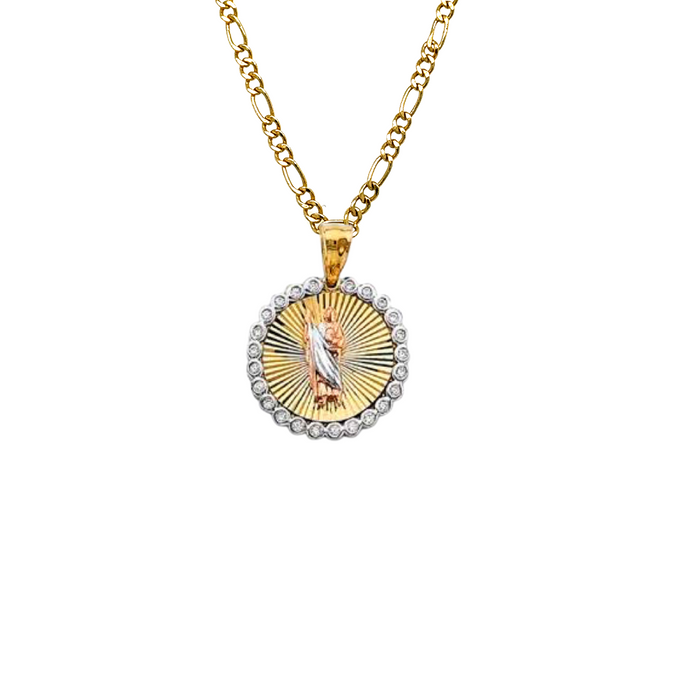 14k San Judas Round Gemstone Gold Pendant with Solid Chain - LE-2911