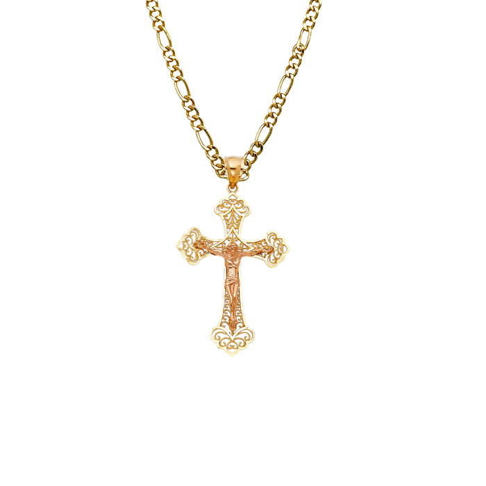 14k Gold Fancy Filigrano Jesus Cross with Solid Figaro Chain - LE-0995