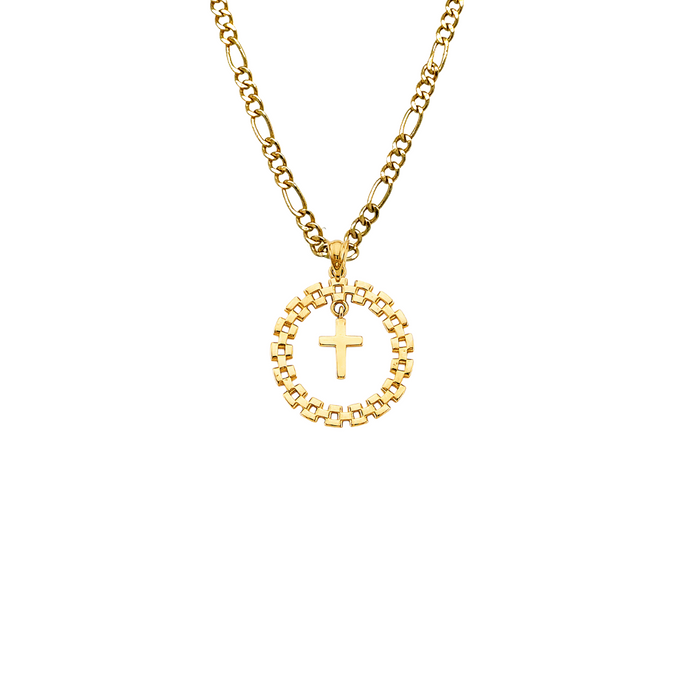 14k Gold Round Link Cross Pendant with Solid Chain - LE-2737