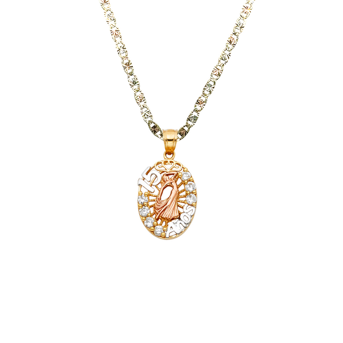 14k Gold Tri Tone 15 Años Quinceañera Gemstone Oval Pendant with Solid Chain - LE-1880