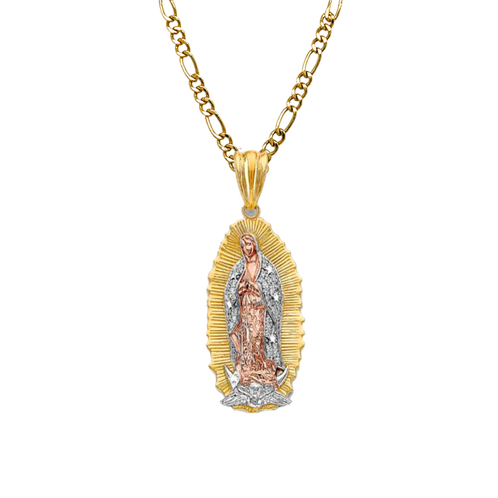 14k Virgin Mary Pendant with White Gemstone Cloak and Solid Figaro Chain