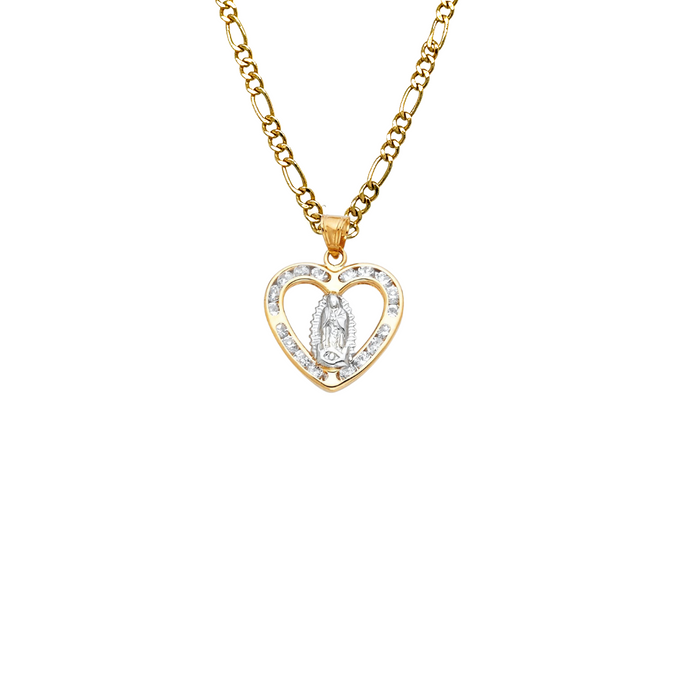 14k Virgin Mary Gold Heart Pendant with Gemstones and Solid Chain - LE-806