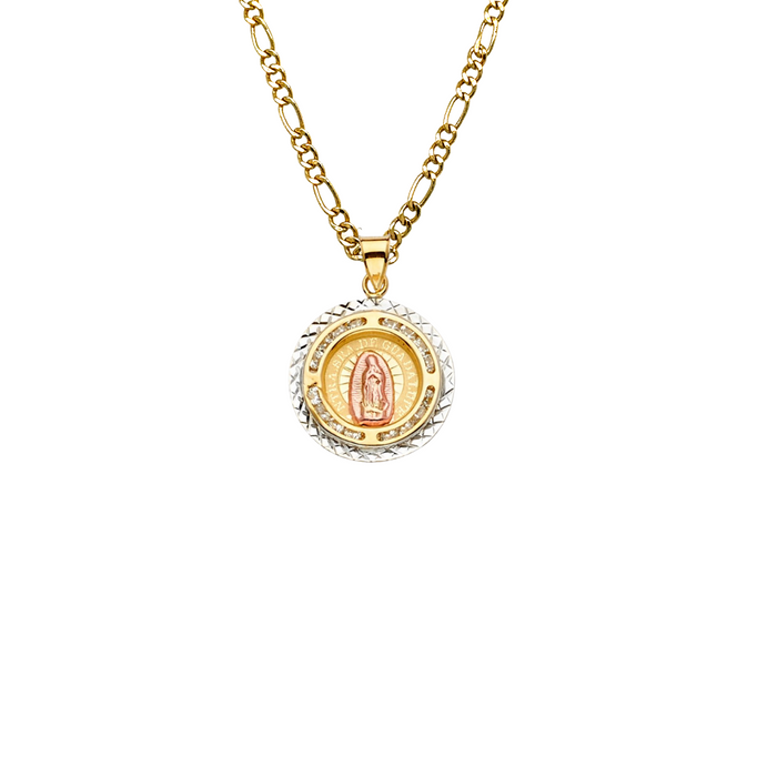 14k Virgin Mary Gold Pendant Round with Gemstones and Solid Chain - LE-2302