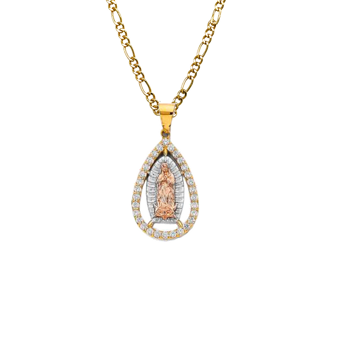 14k Virgin Mary Teardrop Pendant with White Gemstone Bezel