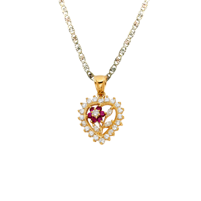 14k Gold Flower Heart Gemstone Pendant with Solid Chain - LE-1783