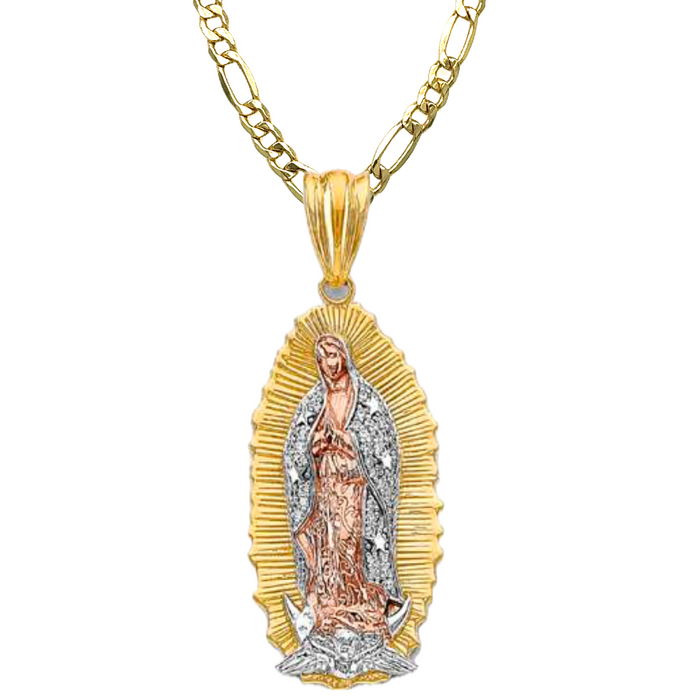 14k Large Virgin Mary Pendant with White Gemstone Cloak and Solid Figaro Chain