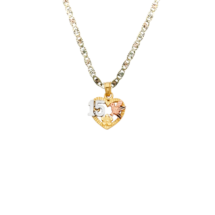 14k Gold Tri Tone 15 Años Quinceañera Dove Heart Pendant with Solid Chain - LE-1911