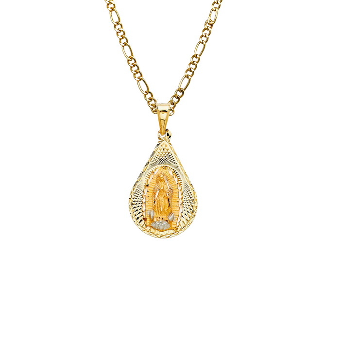 14k Virgin Mary Yellow Gold Teardrop Pendant with Solid Chain - LE-347