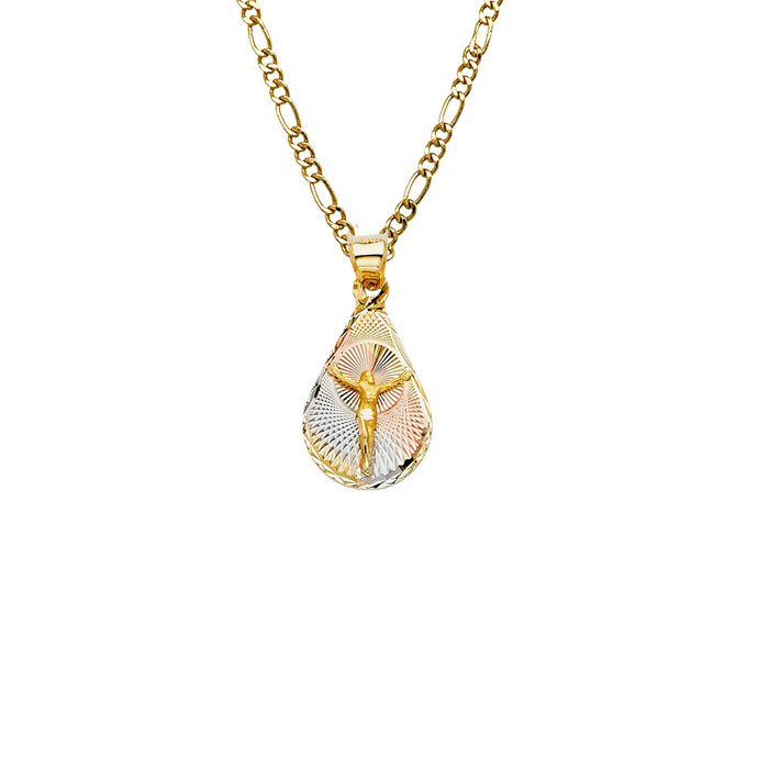 14k Jesus Christ TriColor Teardrop Gold Pendant with Solid Chain - LE-344