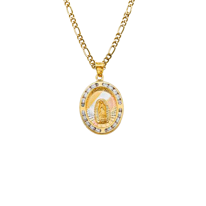 14k Virgin Mary Gold Pendant Oval Gemstones with Solid Chain - LE-1306