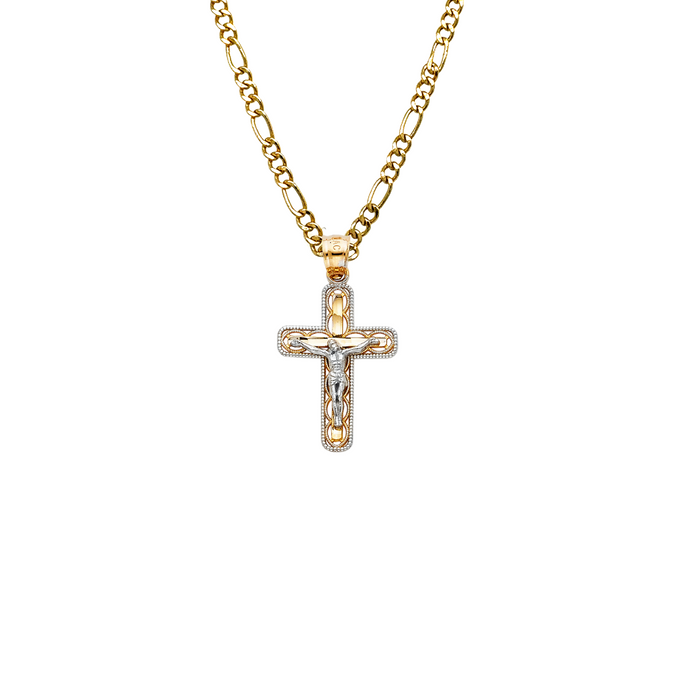 14k Gold Two Tone Jesus Cross Pendant with Solid Chain - LE-0066