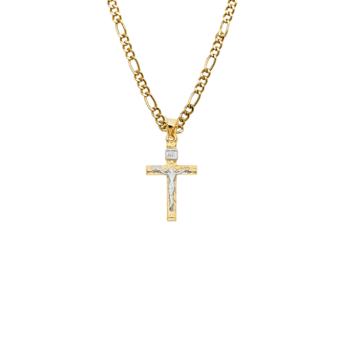 14k Two Tone Gold Jesus Cross Pendant with Solid Chain - LE-0011