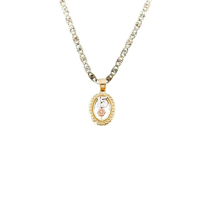 14k Gold Tri Tone 15 Años Flower Quinceañera Oval Pendant with Solid Chain - LE-0372