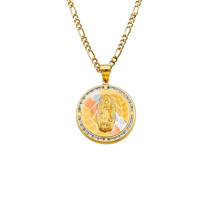 14k Virgin Mary Gold Pendant Round Gemstones with Solid Chain - LE-2722