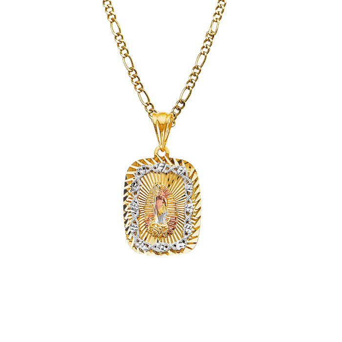 14k Virgin Mary Diamond Cut Pendant with Solid Figaro Chain - LE-3205