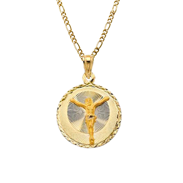 14k Jesus Christ Gold Round Pendant with Solid Chain - LE-2883