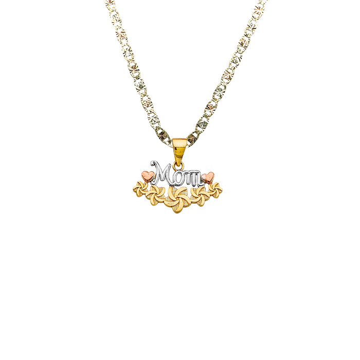 14k Gold Tri Tone Mom Pendant with Solid Chain - LE-2697