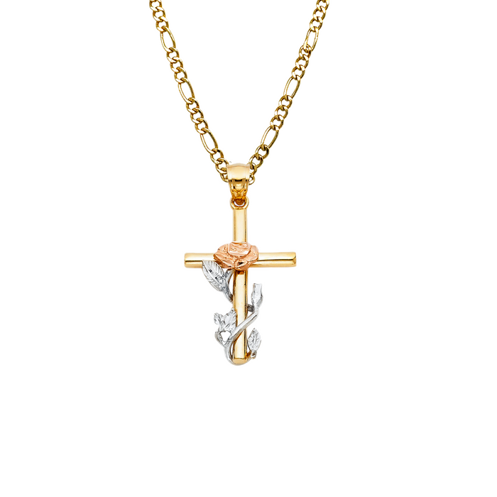 14k Gold Tri Tone Rose Flower Cross Pendant with Solid Chain - LE-1016