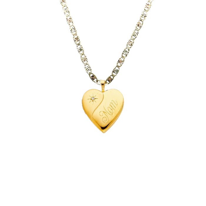 14k Gold Mom Picture Heart Locket Pendant with Solid Chain - LE-2028