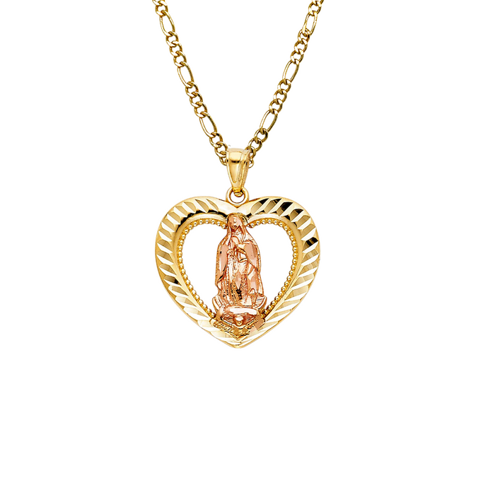 14k Virgin Mary Heart Diamond Cut Pendant with Solid Chain - LE-1126