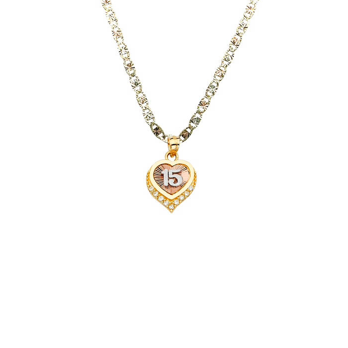 14k Gold Tri Tone 15 Años Quinceañera Heart Gemstone Pendant with Solid Chain - LE-2356